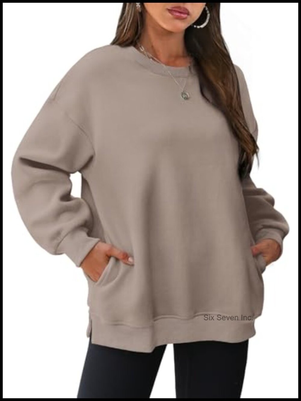 Oversized Crewneck Fleece Sweatshirt Pullover Cotton Blend Side Slits